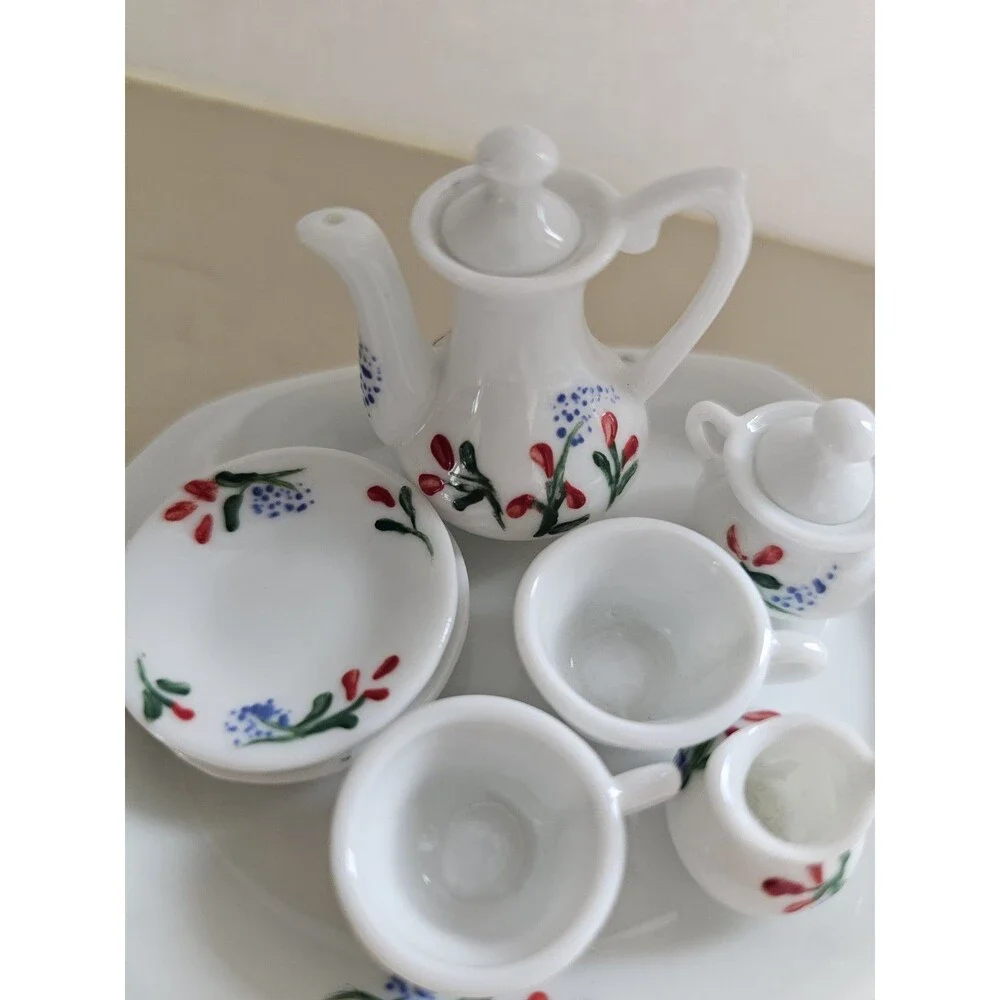 Vintage Miniature Ceramic Dollhouse Tea Set Blue And Red Floral Design